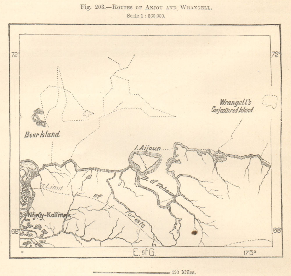 Wrangell Medvezhyi Islands. Anjou route. Nizhnekolymsk. Russia. Sketch map 1885
